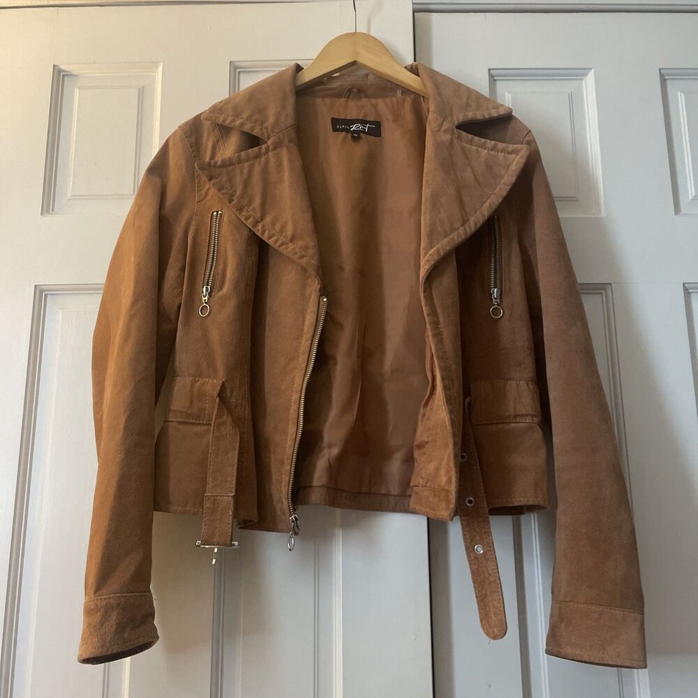 Black Rivet Women’s Genuine Leather Suede Moto Jacket Tan Cropped Belted Size XL